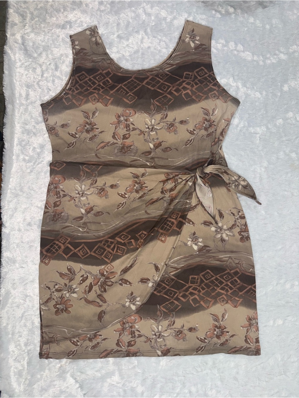Zenobia Vintage Brown Floral Print Sleeveless Mini Dress with Tie